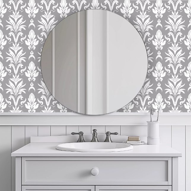 Monochromatic Gray Fauna Wallpaper (Monochromatic Gray Fauna Wallpaper in a white bathroom.)