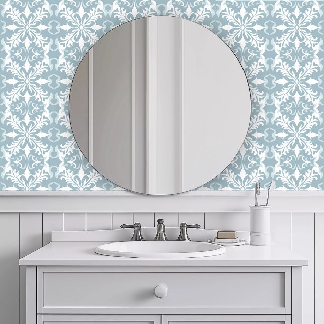 Monochromatic Intricate Blue Wallpaper (Monochromatic Intricate Blue Wallpaper in a white bathroom.)