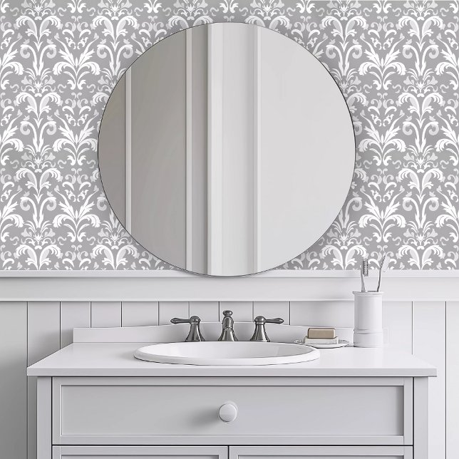 Monochromatic Intricate Gray Wallpaper (Monochromatic Intricate Gray Wallpaper in a white bathroom.)