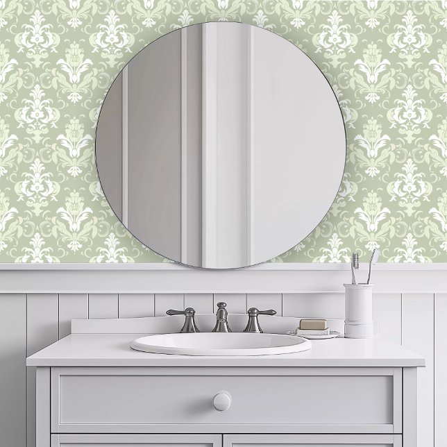 Monochromatic Intricate Green Wallpaper (Monochromatic Intricate Green Wallpaper in a white bathroom.)