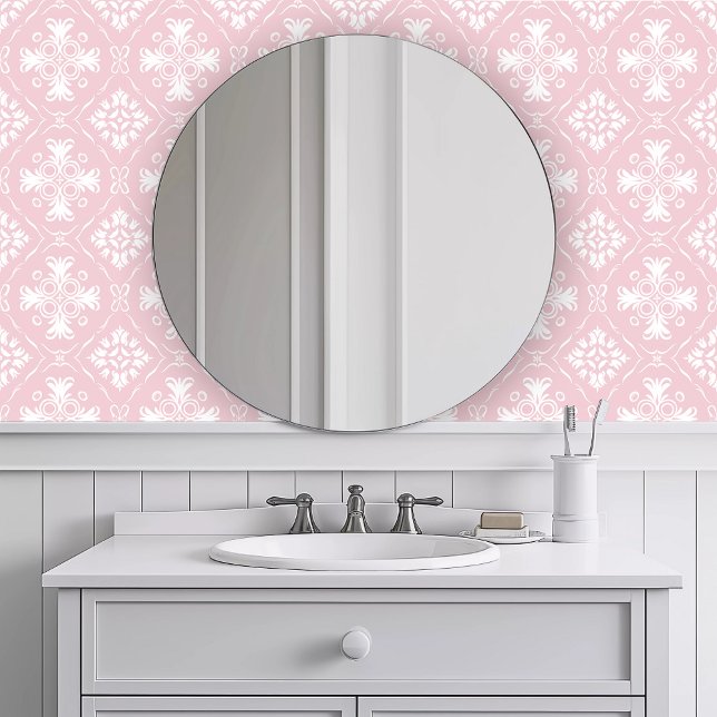 Monochromatic Intricate Pink Wallpaper (Monochromatic Intricate Pink Wallpaper in a white bathroom.)