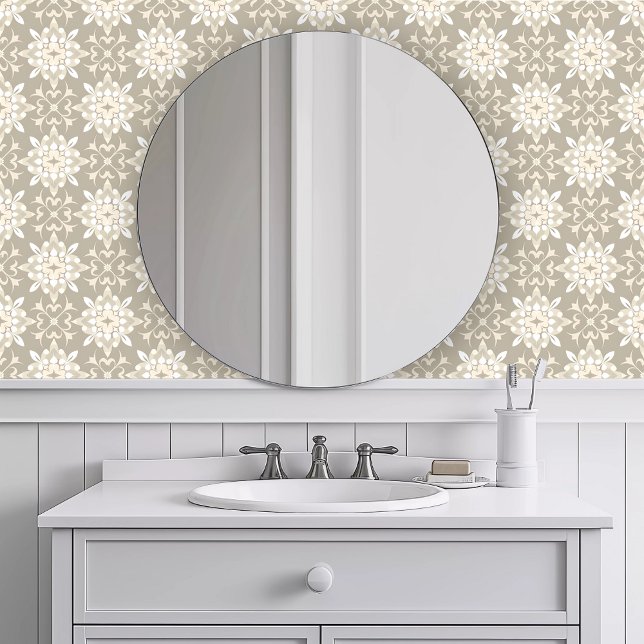 Monochromatic Khaki Geometric Wallpaper (Monochromatic Khaki Geometric Wallpaper in a white bathroom.)