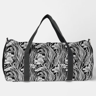 Monochromatic Line Art Floral Duffle Bag