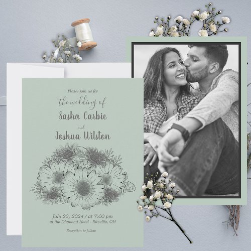  Monochromatic Minimalist Daisy Flowered Photo Invitation