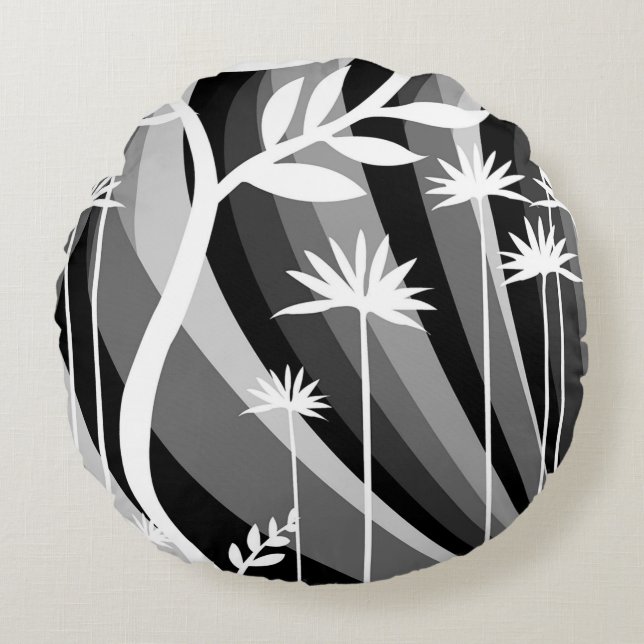 Monochromatic Plant Print  Round Pillow (Front)