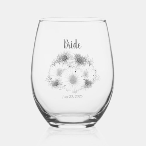  Monochromatic Sketch Minimalist Daisy Bride Stemless Wine Glass