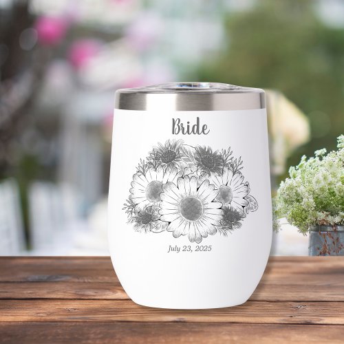  Monochromatic Sketch Minimalist Daisy Bride Thermal Wine Tumbler