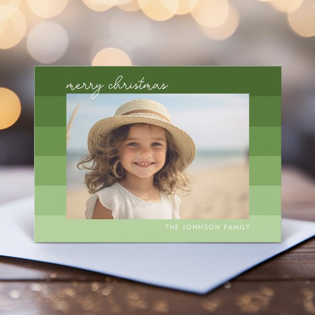 Monochromatic Stripes - Green - 1 Photo Merry Holiday Card (Retro Stripe Christmas Card with Horizontal Photo - Vibrant Olive Green - Print and Download Option)