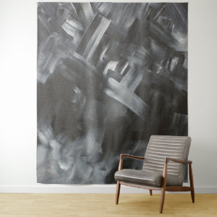 Monochrome Abstract Brushstrokes Black and White Tapestry