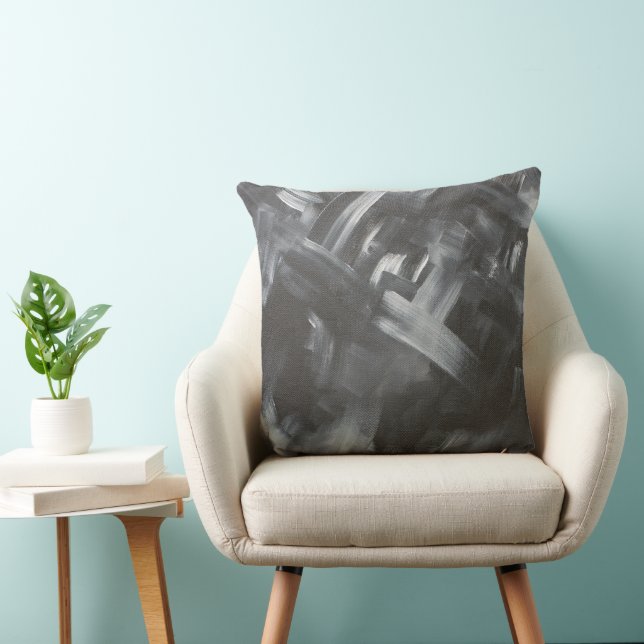 Monochrome Abstract Brushstrokes Black and White Throw Pillow (Chair)