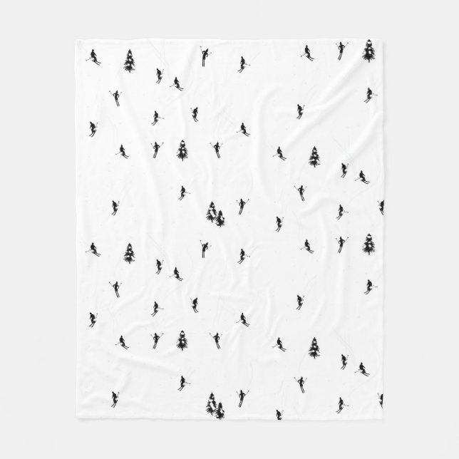 Monochrome Alpine Skiers Skiing Illustration  Fleece Blanket (Front)
