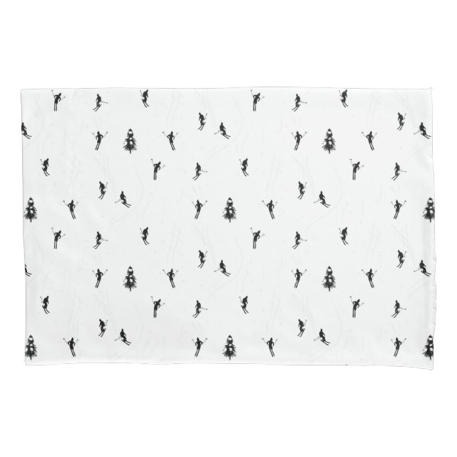 Monochrome Alpine Skiers Skiing Illustration    Pillow Case (Front-Left)