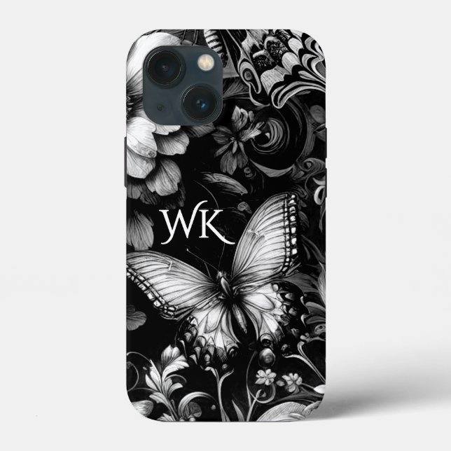  Monochrome Antique Floral Butterflies Monogram Case-Mate iPhone Case (Back)