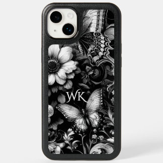  Monochrome Antique Floral Butterflies Monogram OtterBox iPhone 14 Plus Case