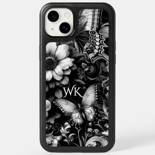  Monochrome Antique Floral Butterflies Monogram Otterbox iPhone Case (Back)