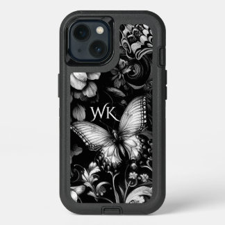  Monochrome Antique Floral Butterflies Monogram iPhone 13 Case