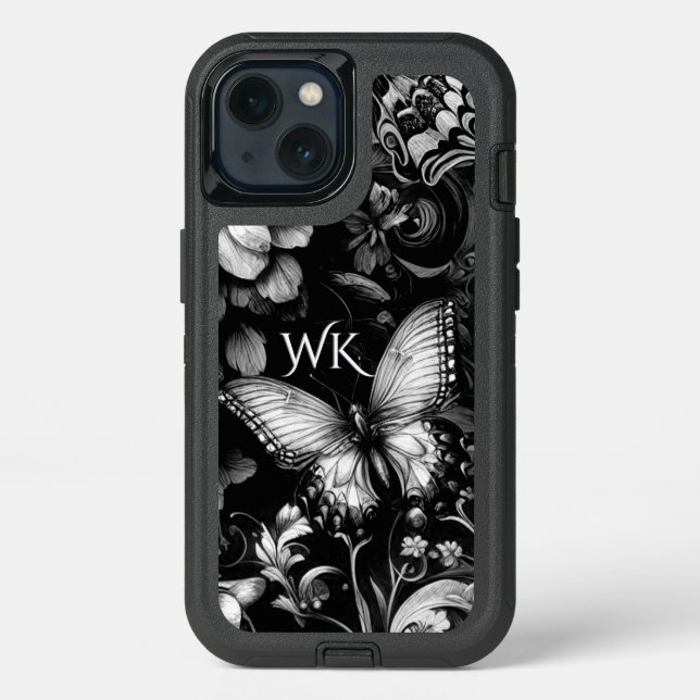  Monochrome Antique Floral Butterflies Monogram Otterbox iPhone Case (Back)
