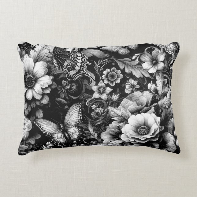  Monochrome Antique Floral with Butterflies  Accent Pillow (Front)