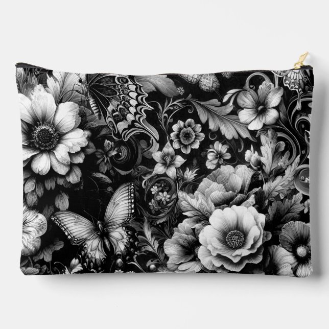  Monochrome Antique Floral with Butterflies  Accessory Pouch (Back)
