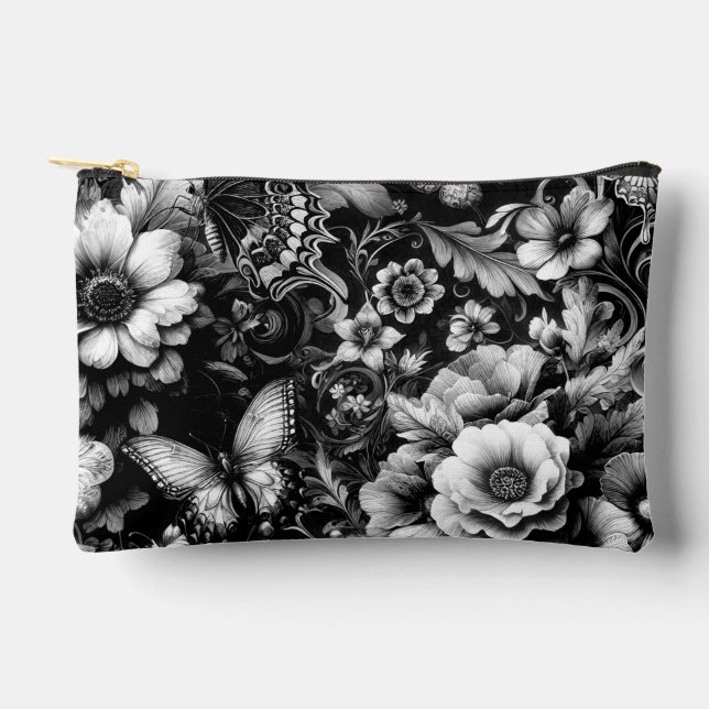  Monochrome Antique Floral with Butterflies  Accessory Pouch (Front)