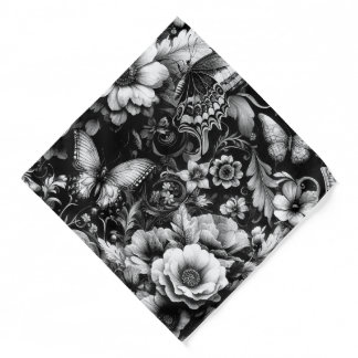 Monochrome Antique Floral with Butterflies Bandana