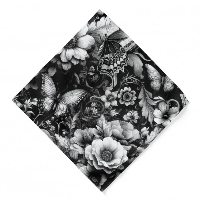  Monochrome Antique Floral with Butterflies  Bandana (Front)