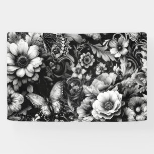  Monochrome Antique Floral with Butterflies  Banner