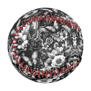  Monochrome Antique Floral with Butterflies  Baseball
