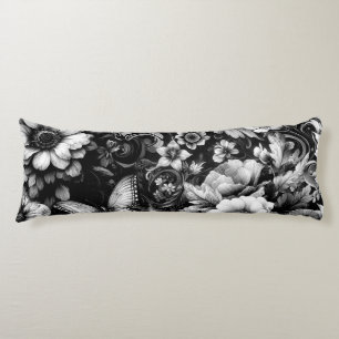  Monochrome Antique Floral with Butterflies  Body Pillow