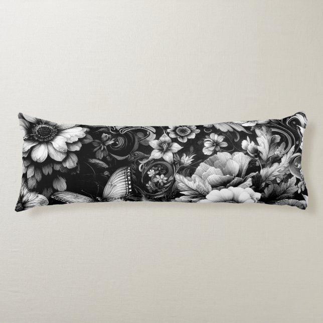  Monochrome Antique Floral with Butterflies  Body Pillow (Front)