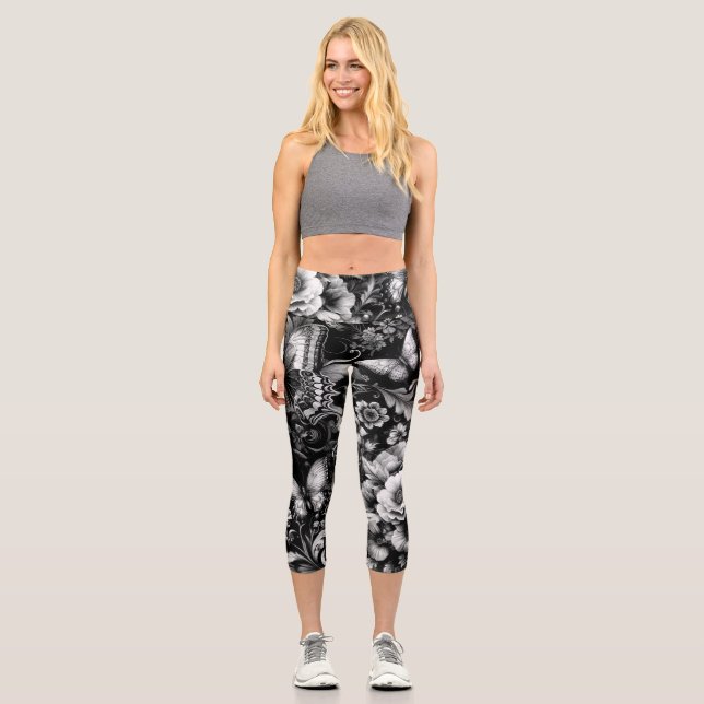 Monochrome Antique Floral with Butterflies  Capri Leggings (Front)