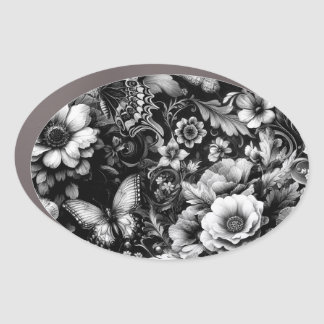  Monochrome Antique Floral with Butterflies  Car Magnet