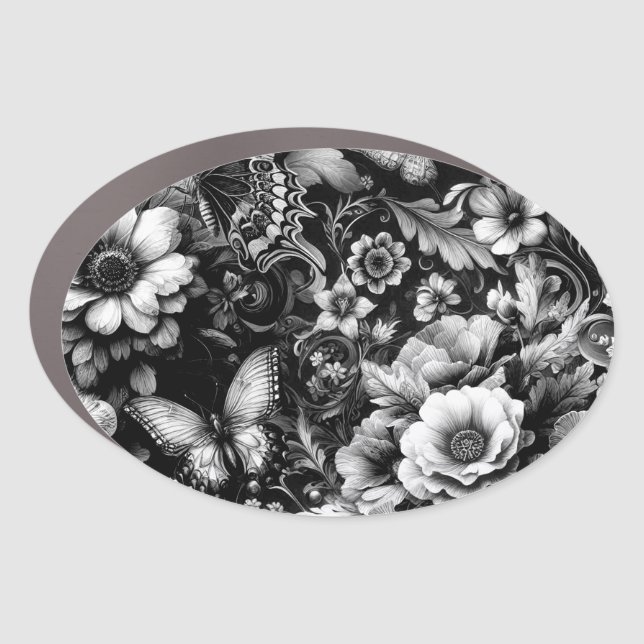  Monochrome Antique Floral with Butterflies  Car Magnet (Front)