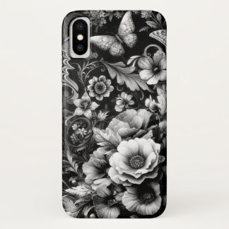 Monochrome Antique Floral with Butterflies iPhone X Case