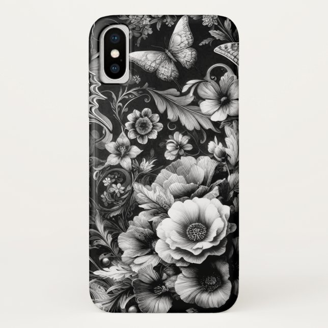  Monochrome Antique Floral with Butterflies  Case-Mate iPhone Case (Back)