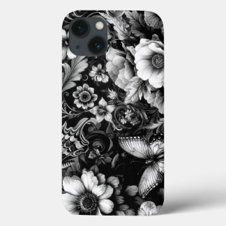 Monochrome Antique Floral with Butterflies iPhone 13 Case