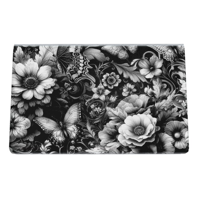  Monochrome Antique Floral with Butterflies  Desk Business Card Holder (Back)
