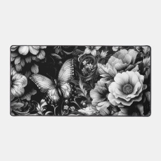 Monochrome Antique Floral with Butterflies Desk Mat