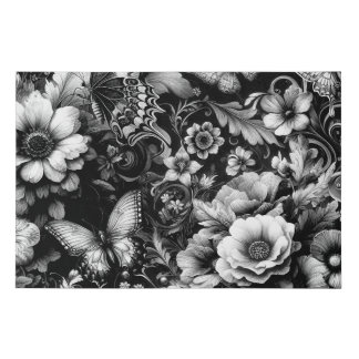 Monochrome Antique Floral with Butterflies Faux Canvas Print