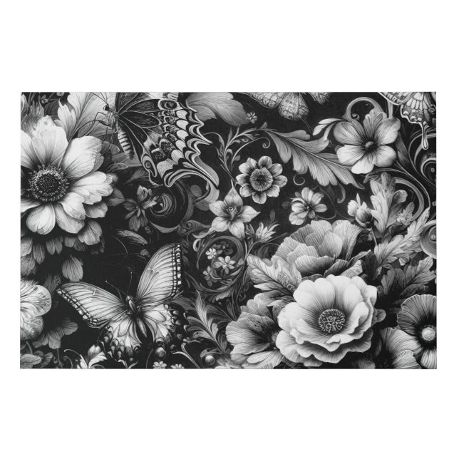  Monochrome Antique Floral with Butterflies  Faux Canvas Print (Front)