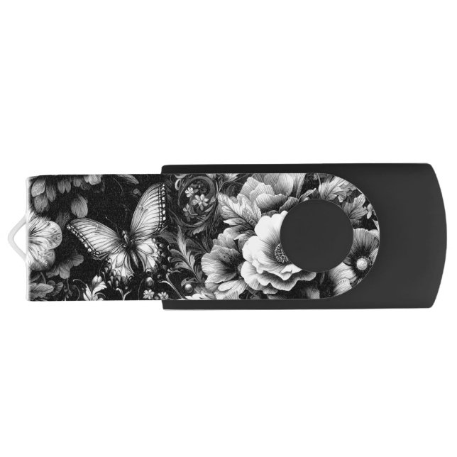  Monochrome Antique Floral with Butterflies  Flash Drive (Back)