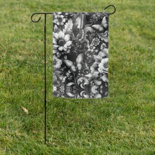 Monochrome Antique Floral with Butterflies Garden Flag