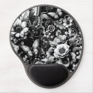 Monochrome Antique Floral with Butterflies Gel Mouse Pad