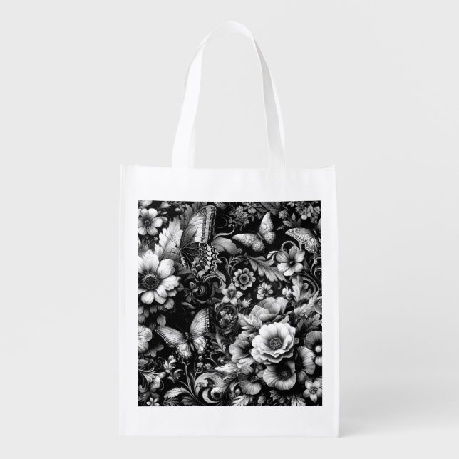 Monochrome Antique Floral with Butterflies  Grocery Bag (Front)