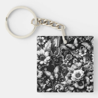 Monochrome Antique Floral with Butterflies Keychain