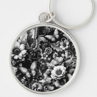 Monochrome Antique Floral with Butterflies  Keychain