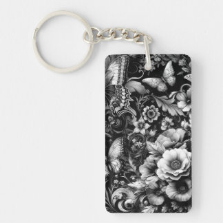 Monochrome Antique Floral with Butterflies Keychain