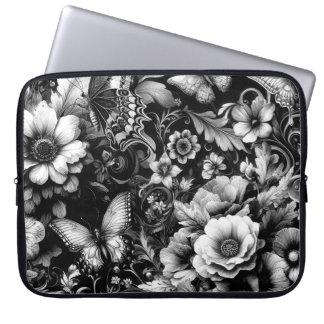 Monochrome Antique Floral with Butterflies Laptop Sleeve