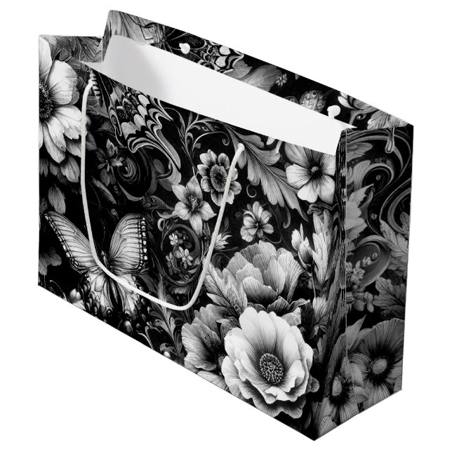  Monochrome Antique Floral with Butterflies  Large Gift Bag (Front Angled)