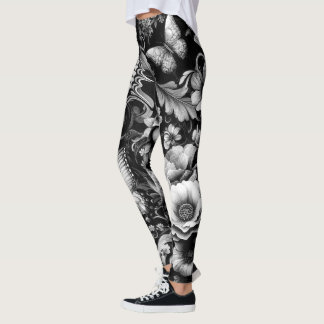 Monochrome Antique Floral with Butterflies Leggings